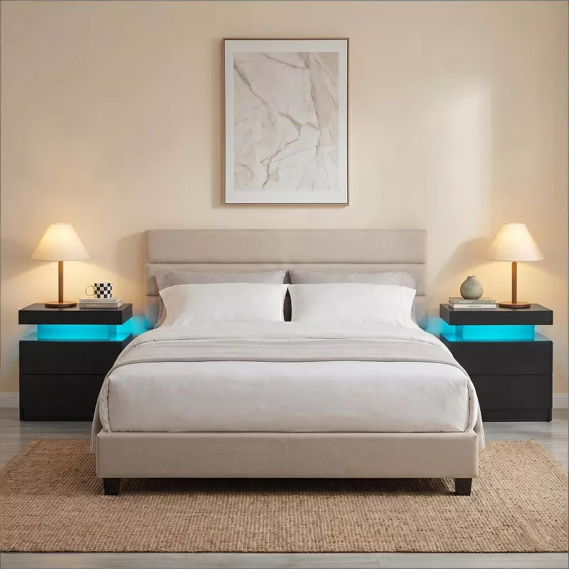 LED Nightstand with 2 Drawers & Open Storage Modern Bedside Table