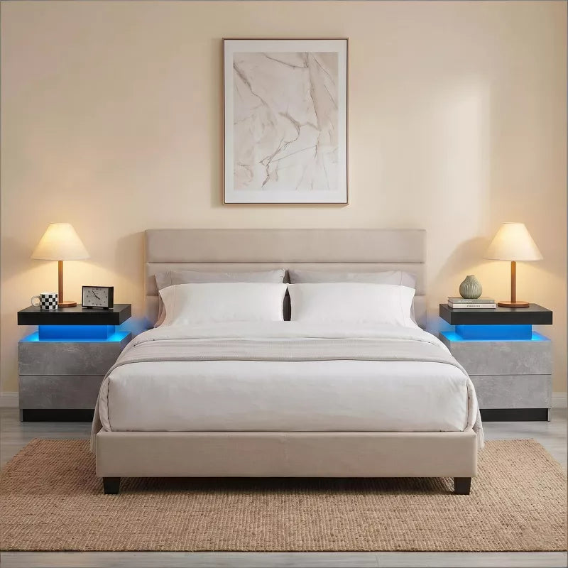LED Nightstand with 2 Drawers & Open Storage Modern Bedside Table