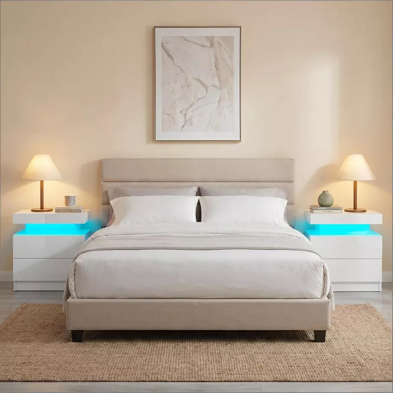 LED Nightstand with 2 Drawers & Open Storage Modern Bedside Table