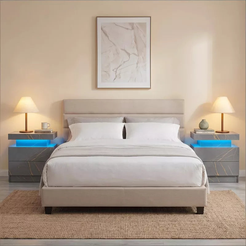 LED Nightstand with 2 Drawers & Open Storage Modern Bedside Table