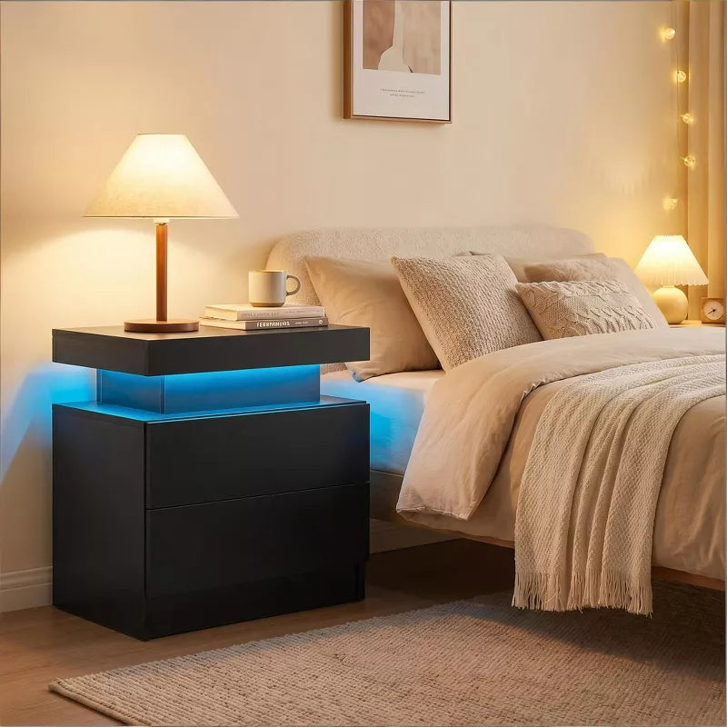 LED Nightstand with 2 Drawers & Open Storage Modern Bedside Table
