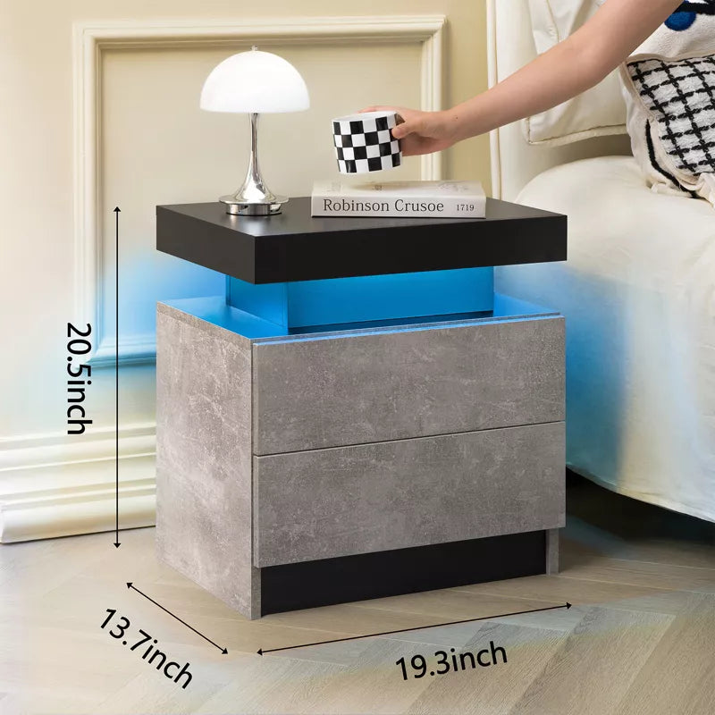 LED Nightstand with 2 Drawers & Open Storage Modern Bedside Table