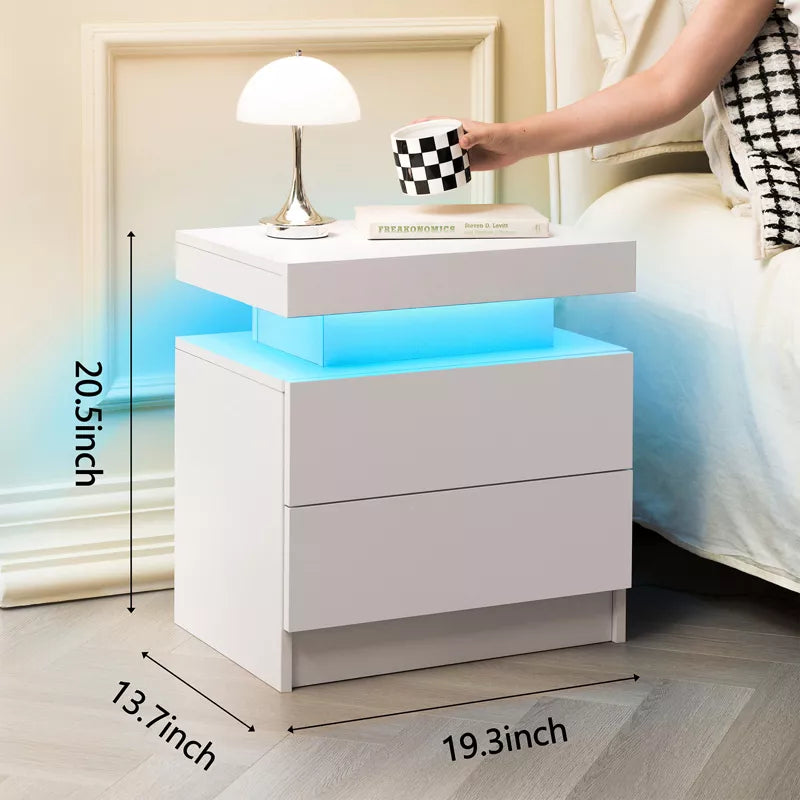 LED Nightstand with 2 Drawers & Open Storage Modern Bedside Table