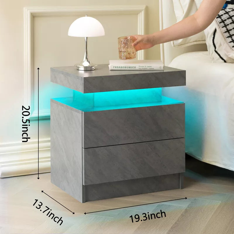 LED Nightstand with 2 Drawers & Open Storage Modern Bedside Table