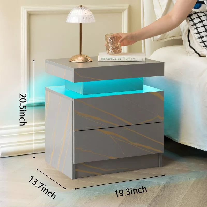 LED Nightstand with 2 Drawers & Open Storage Modern Bedside Table