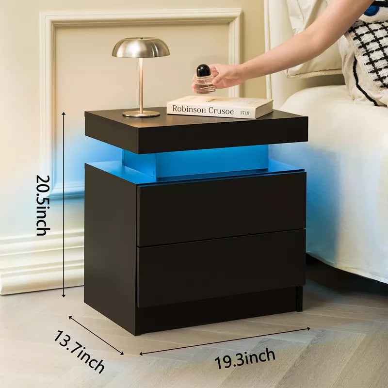 LED Nightstand with 2 Drawers & Open Storage Modern Bedside Table