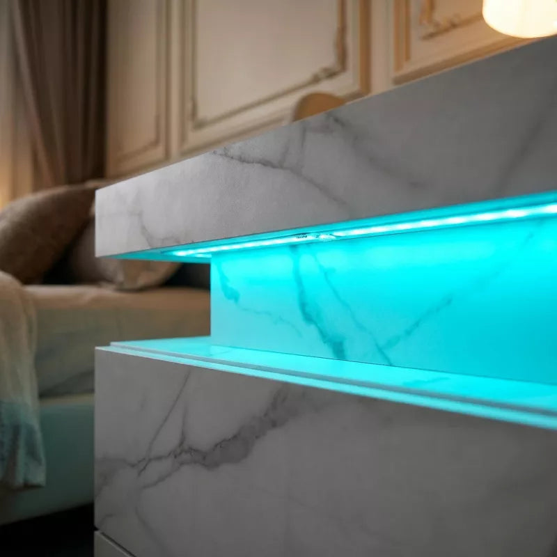 LED Nightstand with 2 Drawers & Open Storage Modern Bedside Table