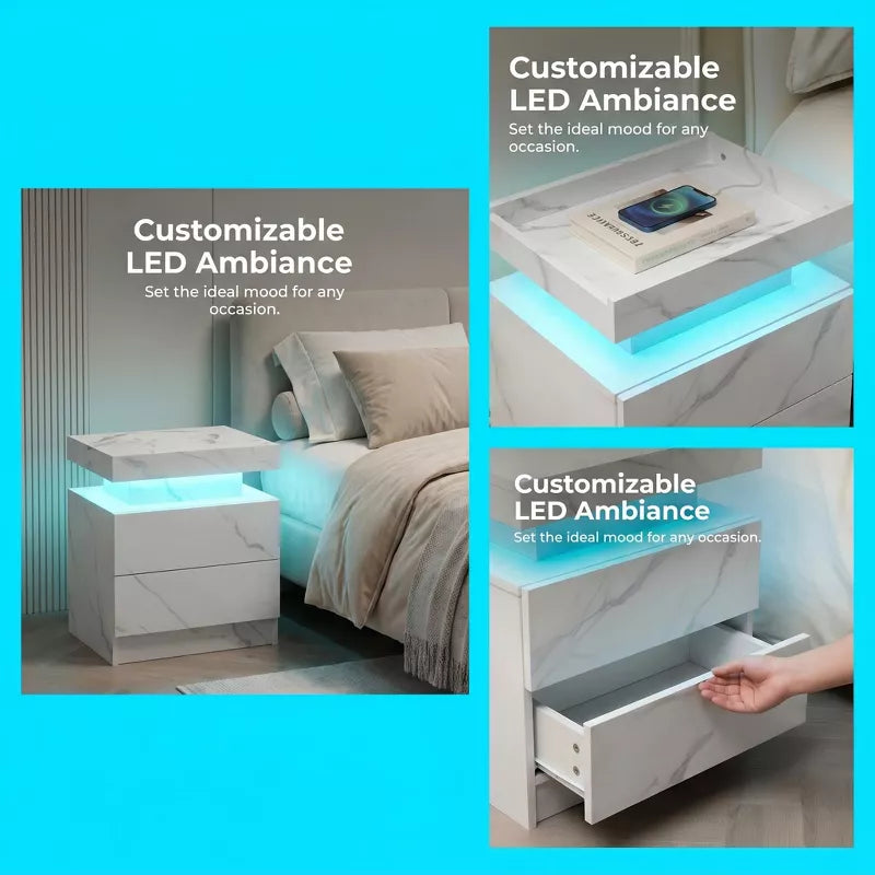LED Nightstand with 2 Drawers & Open Storage Modern Bedside Table
