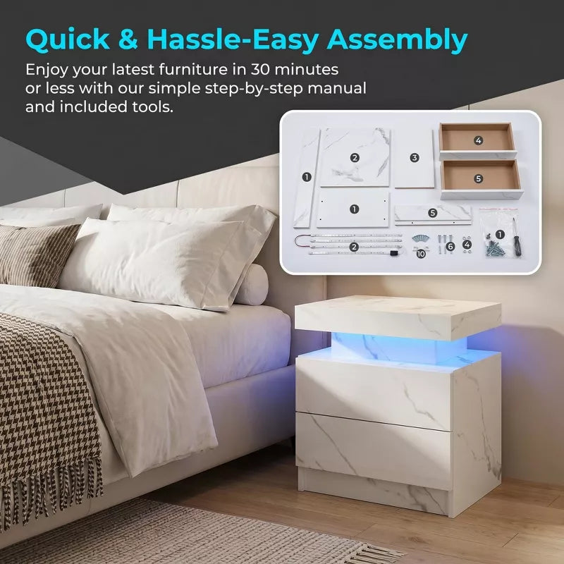LED Nightstand with 2 Drawers & Open Storage Modern Bedside Table