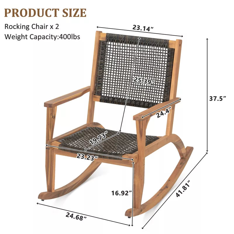 Acacia Wood Rocking Chair Set with Woven Rattan Seat for Outdoor Relaxing 2-Piece