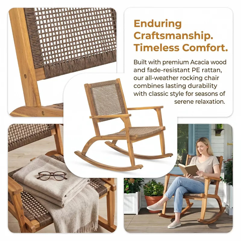 Acacia Wood Rocking Chair Set with Woven Rattan Seat for Outdoor Relaxing 2-Piece