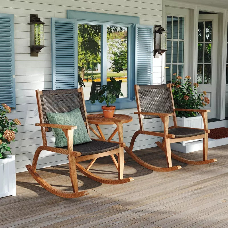 Acacia Wood Rocking Chair Set with Woven Rattan Seat for Outdoor Relaxing 2-Piece