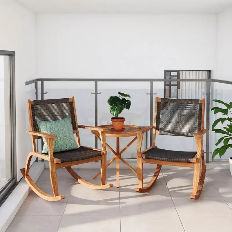 Acacia Wood Rocking Chair Set with Woven Rattan Seat for Outdoor Relaxing 2-Piece
