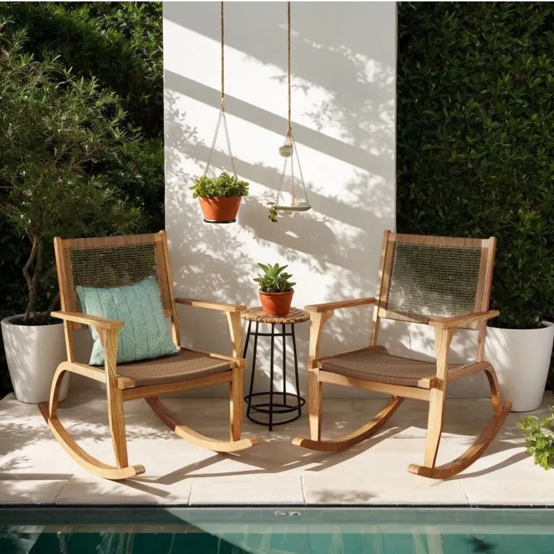 Acacia Wood Rocking Chair Set with Woven Rattan Seat for Outdoor Relaxing 2-Piece
