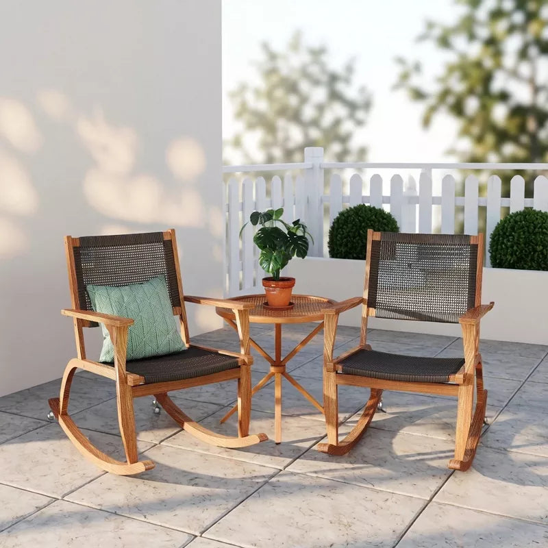 Acacia Wood Rocking Chair Set with Woven Rattan Seat for Outdoor Relaxing 2-Piece