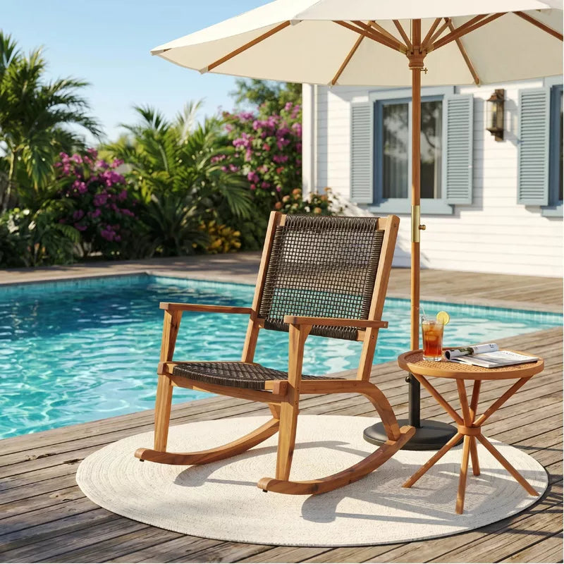 Acacia Wood Rocking Chair Set with Woven Rattan Seat for Outdoor Relaxing 2-Piece
