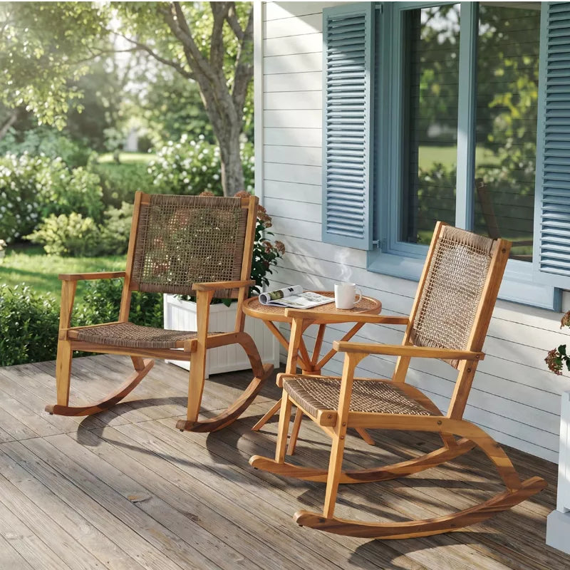 Acacia Wood Rocking Chair Set with Woven Rattan Seat for Outdoor Relaxing 2-Piece