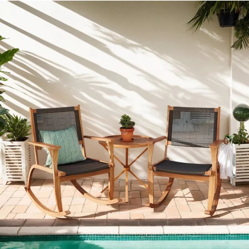 Acacia Wood Rocking Chair Set with Woven Rattan Seat for Outdoor Relaxing 2-Piece