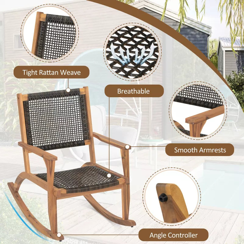 Acacia Wood Rocking Chair Set with Woven Rattan Seat for Outdoor Relaxing 2-Piece