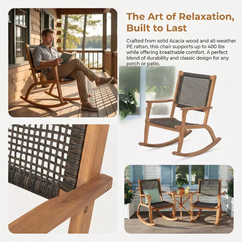 Acacia Wood Rocking Chair Set with Woven Rattan Seat for Outdoor Relaxing 2-Piece