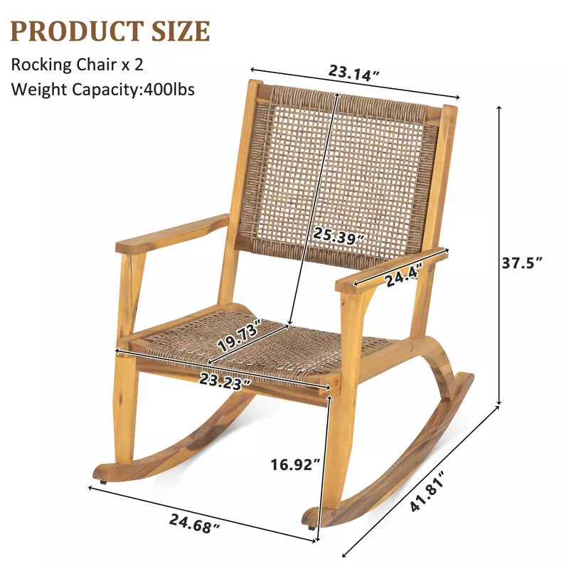 Acacia Wood Rocking Chair Set with Woven Rattan Seat for Outdoor Relaxing 2-Piece