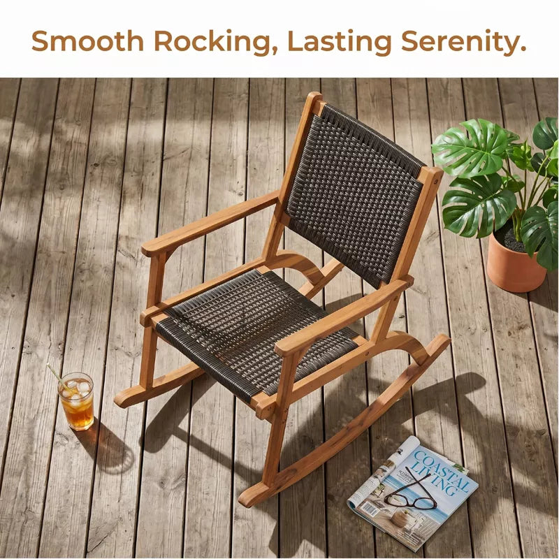 Acacia Wood Rocking Chair Set with Woven Rattan Seat for Outdoor Relaxing 2-Piece