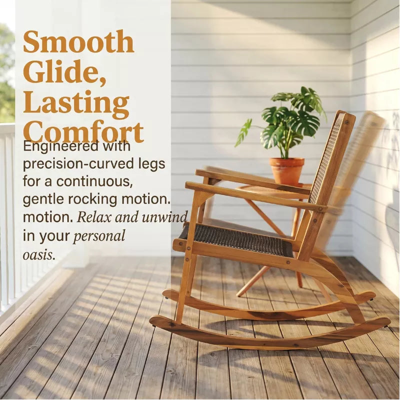 Acacia Wood Rocking Chair Set with Woven Rattan Seat for Outdoor Relaxing 2-Piece