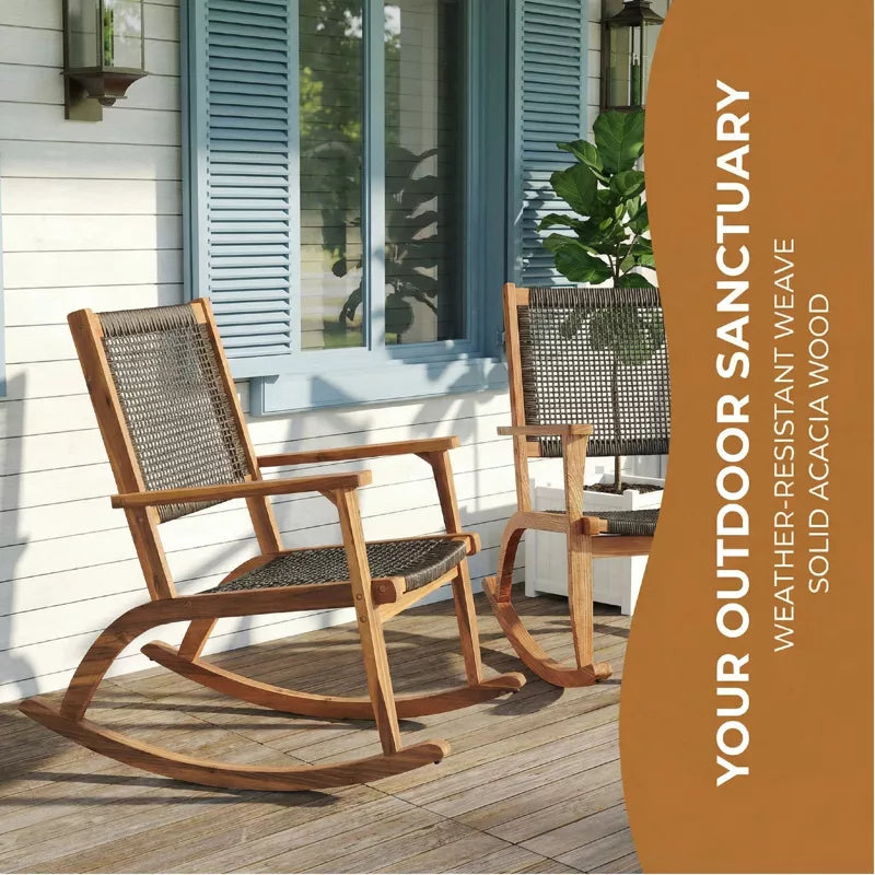 Acacia Wood Rocking Chair Set with Woven Rattan Seat for Outdoor Relaxing 2-Piece