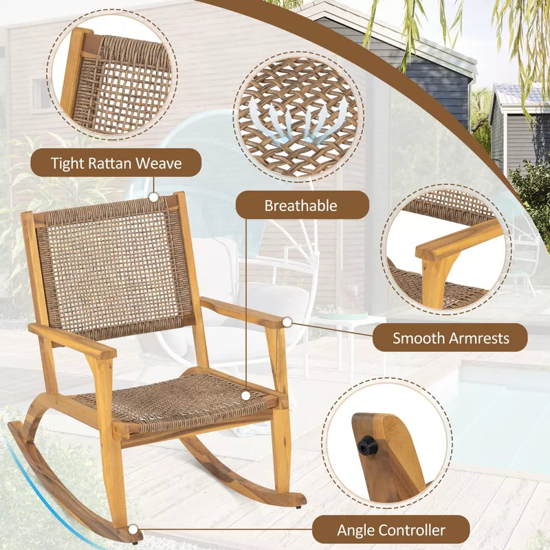 Acacia Wood Rocking Chair Set with Woven Rattan Seat for Outdoor Relaxing 2-Piece