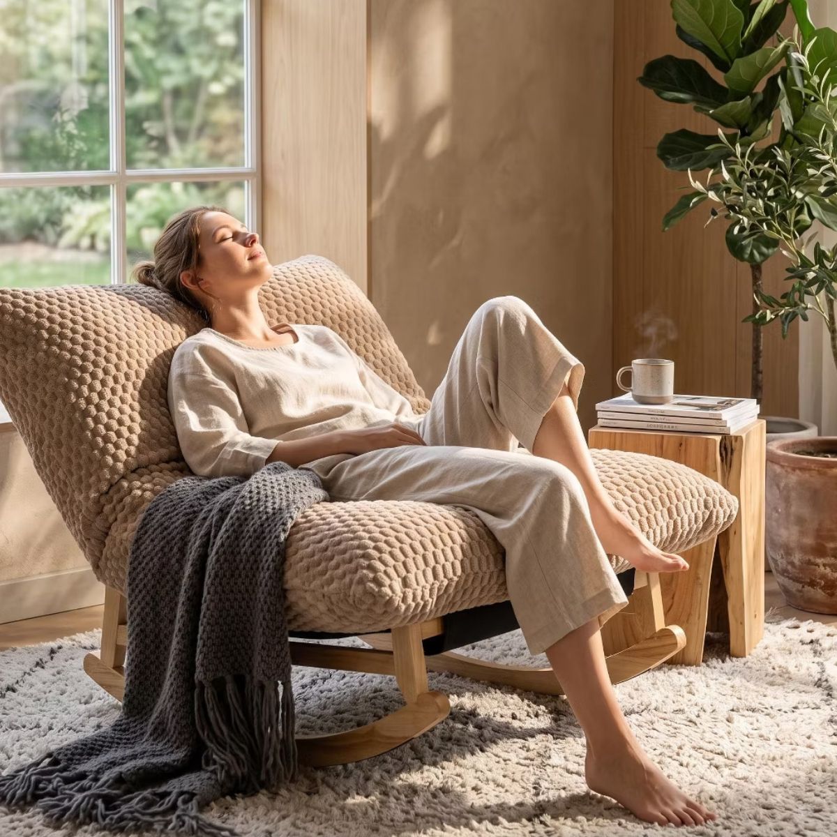 Rocking Chair with Plush Corduroy Seat for Cozy Reading & Relaxation