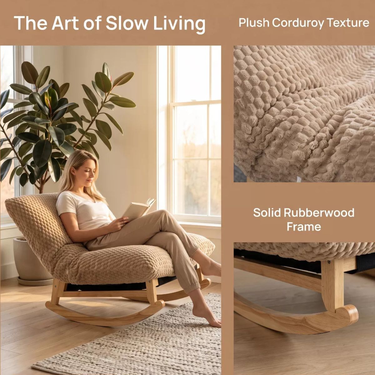 Rocking Chair with Plush Corduroy Seat for Cozy Reading & Relaxation