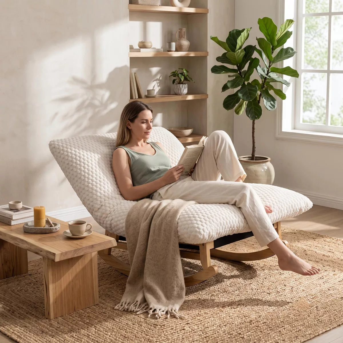 Rocking Chair with Plush Corduroy Seat for Cozy Reading & Relaxation