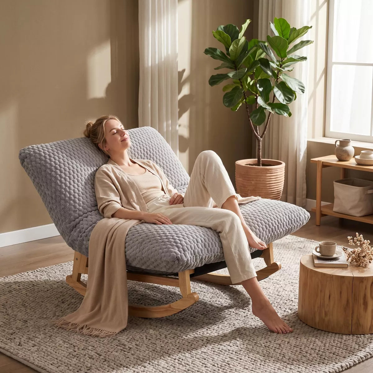 Rocking Chair with Plush Corduroy Seat for Cozy Reading & Relaxation