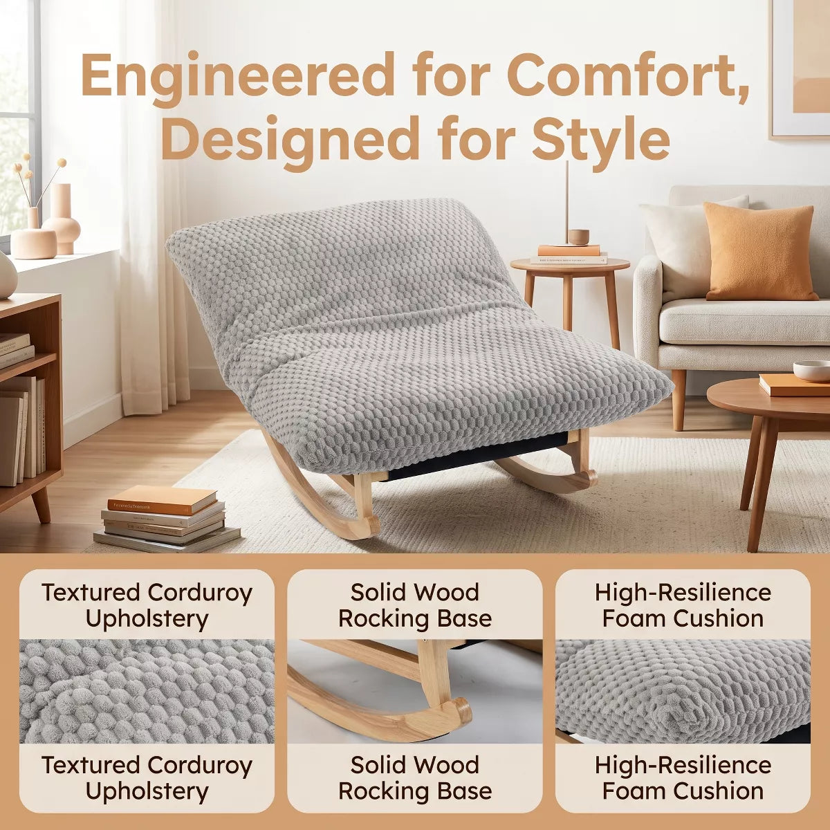 Rocking Chair with Plush Corduroy Seat for Cozy Reading & Relaxation