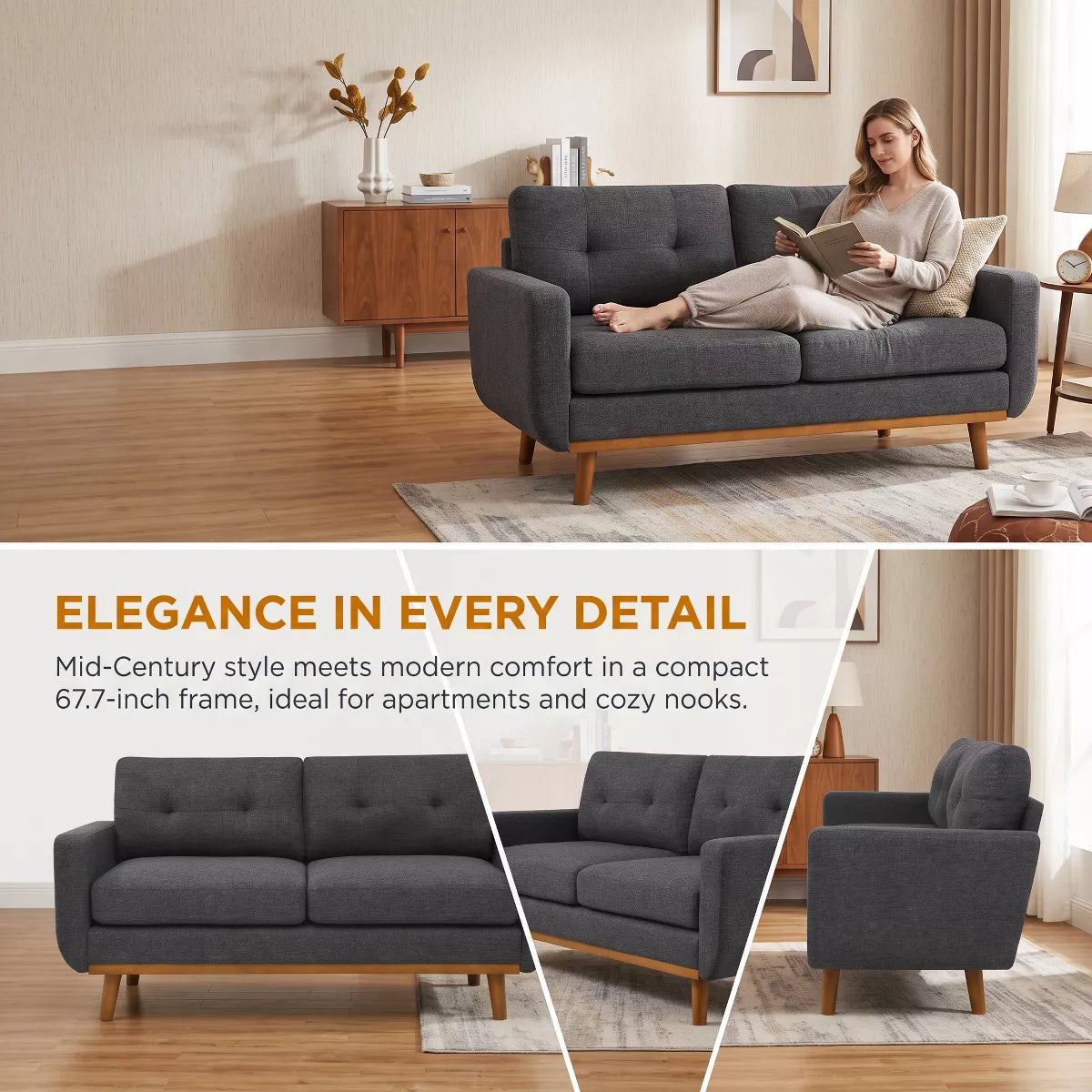 67.7" Loveseat Sofa with Tufted Upholstery, Foam Comfort & Wood Base