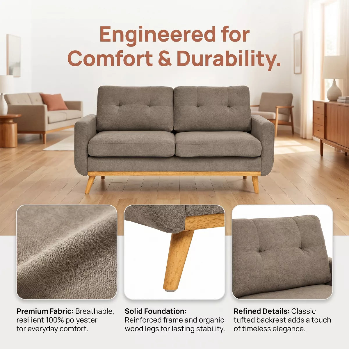67.7" Loveseat Sofa with Tufted Upholstery, Foam Comfort & Wood Base