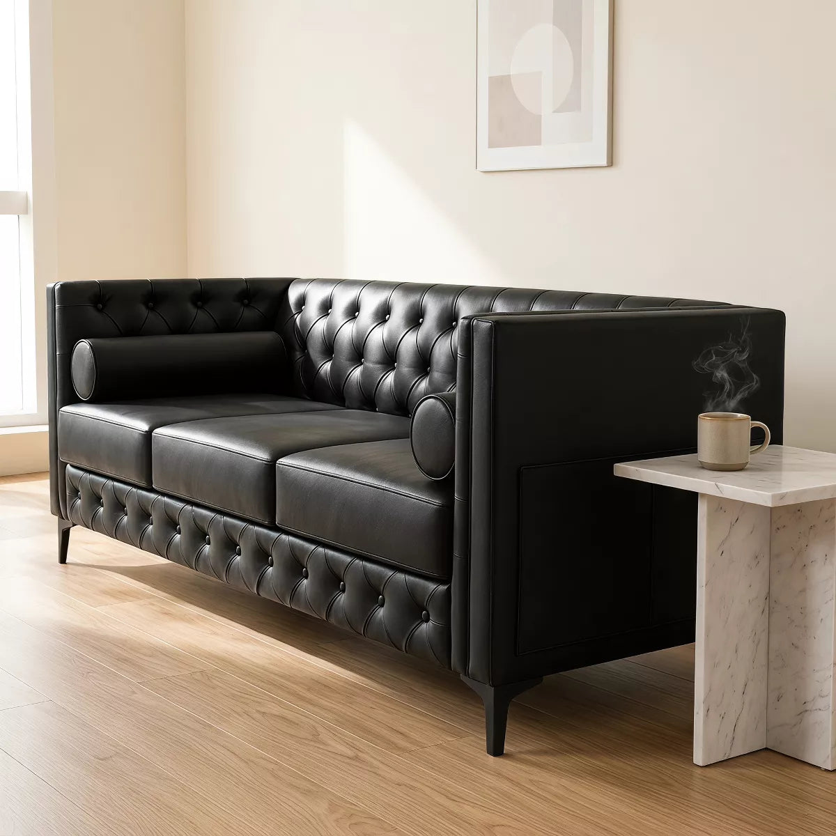 3 Seater Sofa with Faux Leather, Pocket Springs, Tufted Back & Storage