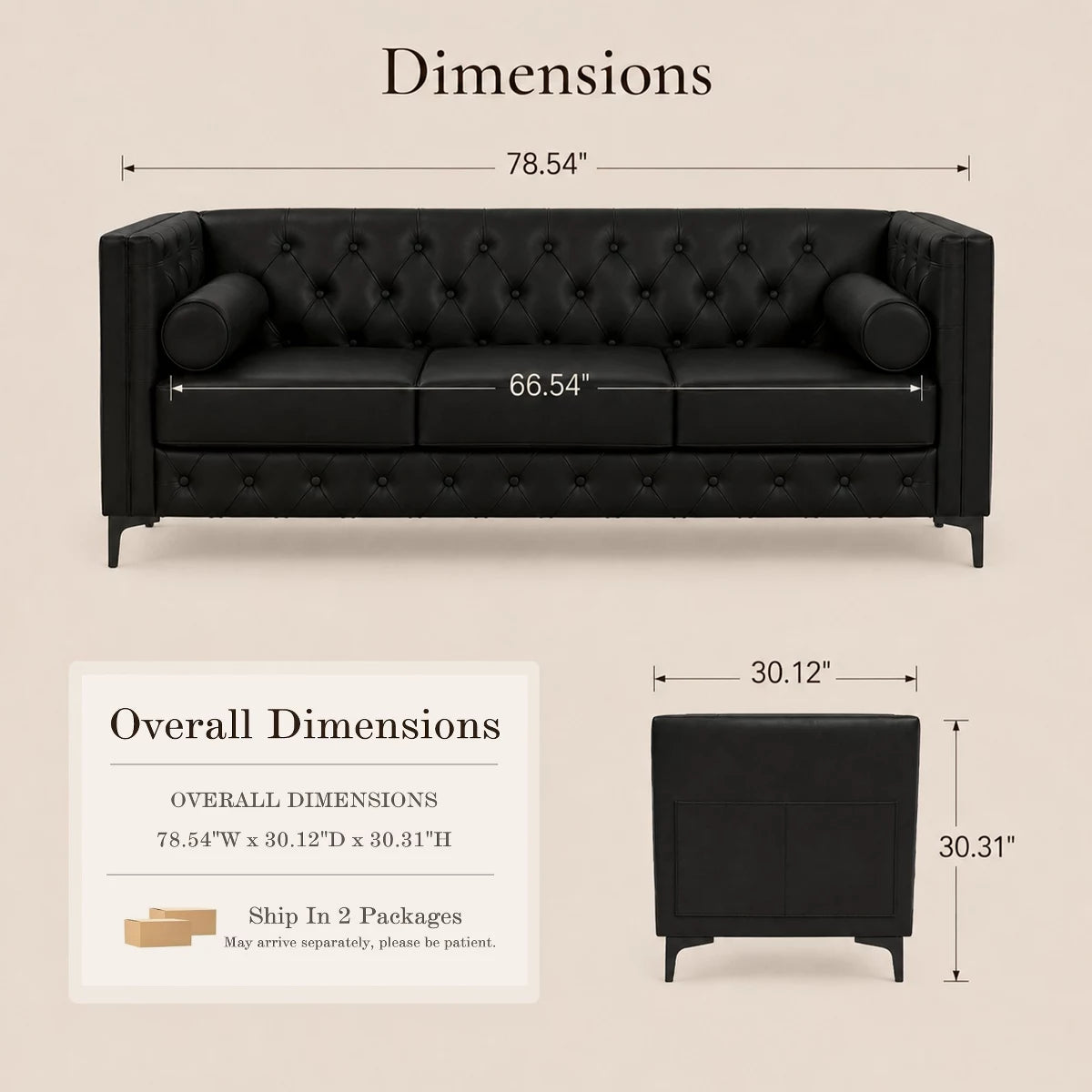 3 Seater Sofa with Faux Leather, Pocket Springs, Tufted Back & Storage