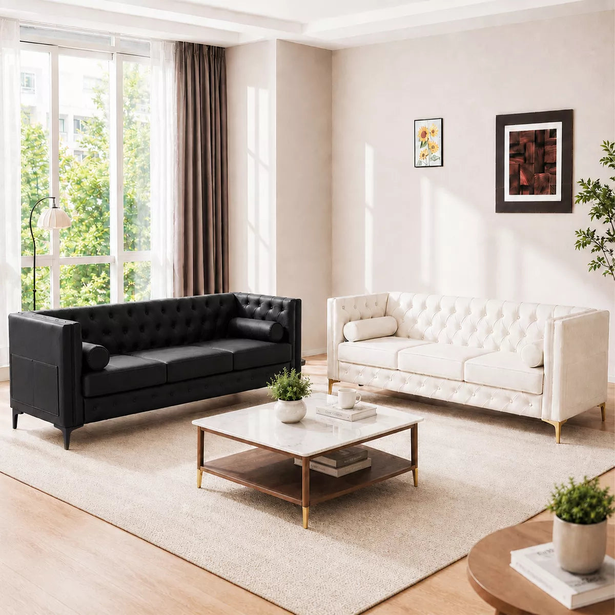 3 Seater Sofa with Faux Leather, Pocket Springs, Tufted Back & Storage