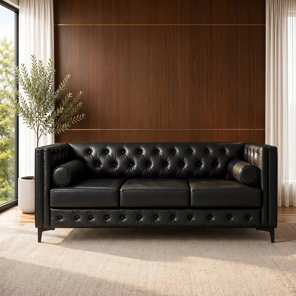 3 Seater Sofa with Faux Leather, Pocket Springs, Tufted Back & Storage