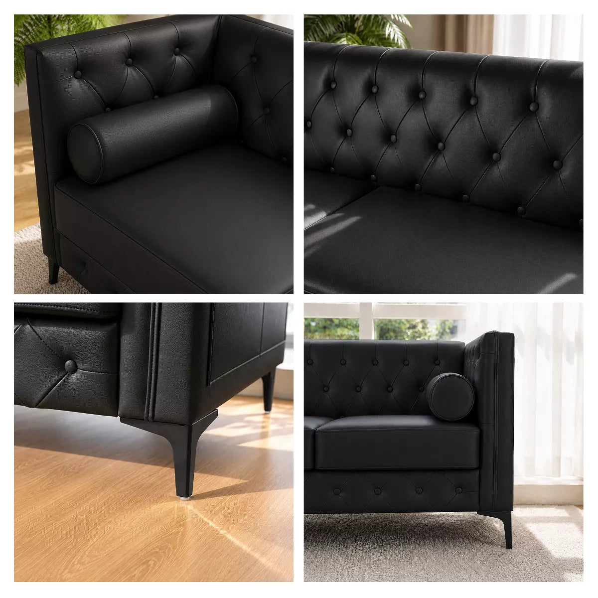 3 Seater Sofa with Faux Leather, Pocket Springs, Tufted Back & Storage
