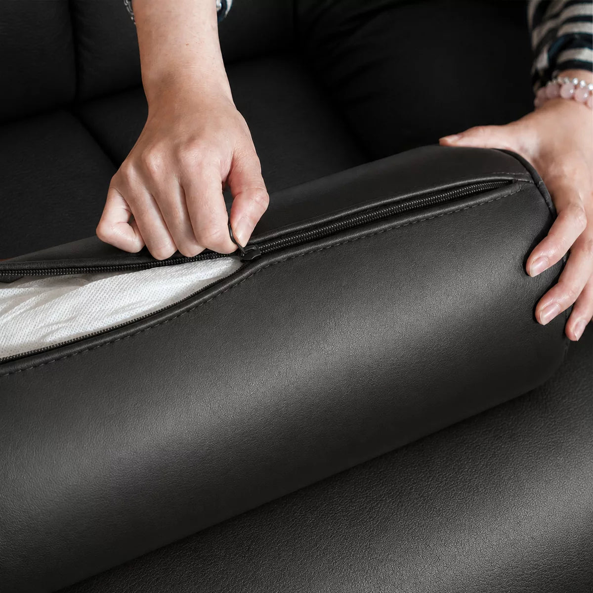 3 Seater Sofa with Faux Leather, Pocket Springs, Tufted Back & Storage