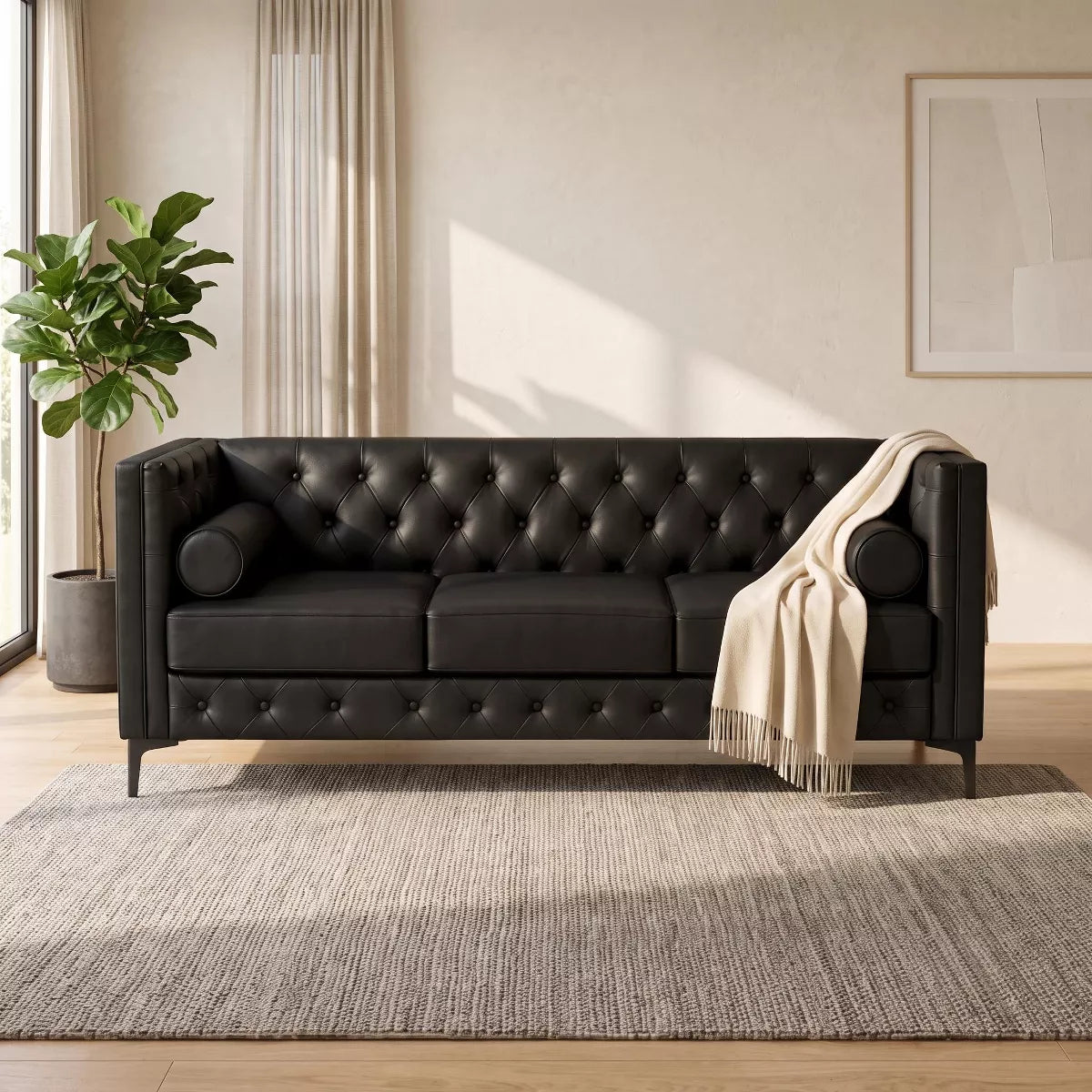 3 Seater Sofa with Faux Leather, Pocket Springs, Tufted Back & Storage