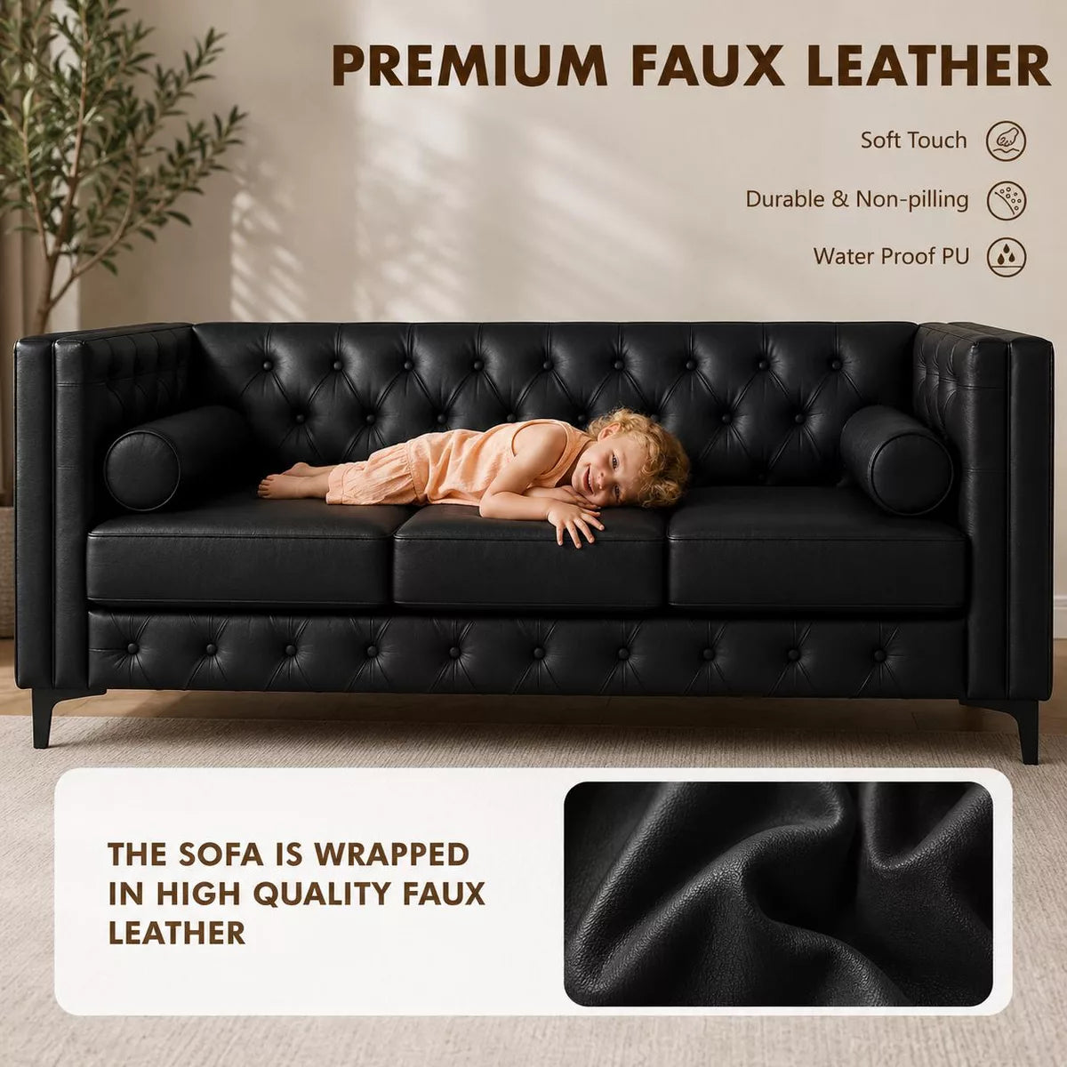 3 Seater Sofa with Faux Leather, Pocket Springs, Tufted Back & Storage