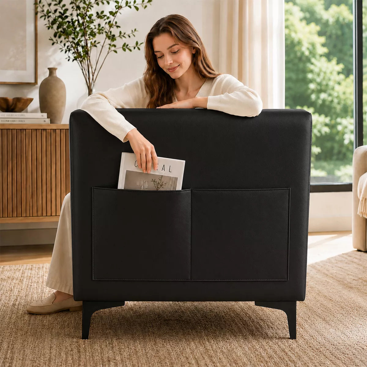 3 Seater Sofa with Faux Leather, Pocket Springs, Tufted Back & Storage