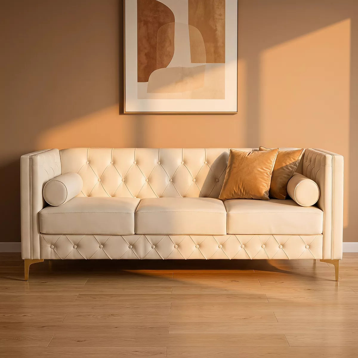 3 Seater Sofa with Faux Leather, Pocket Springs, Tufted Back & Storage