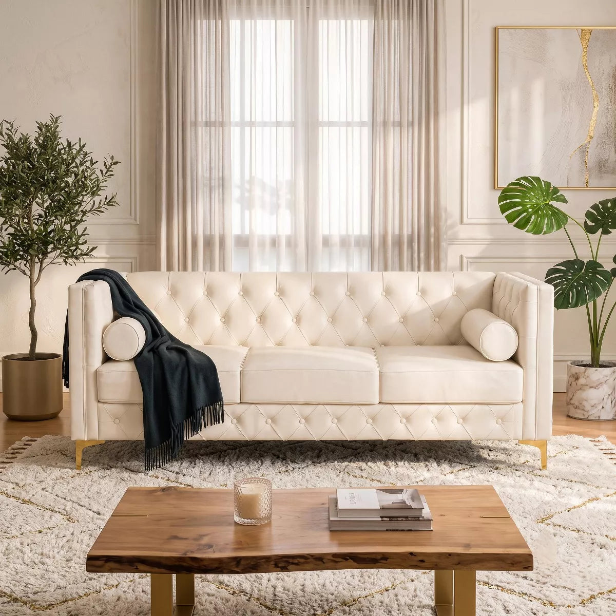 3 Seater Sofa with Faux Leather, Pocket Springs, Tufted Back & Storage