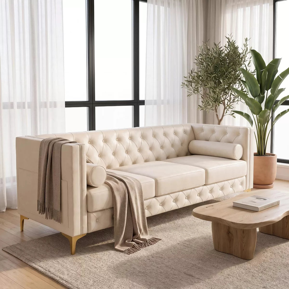 3 Seater Sofa with Faux Leather, Pocket Springs, Tufted Back & Storage