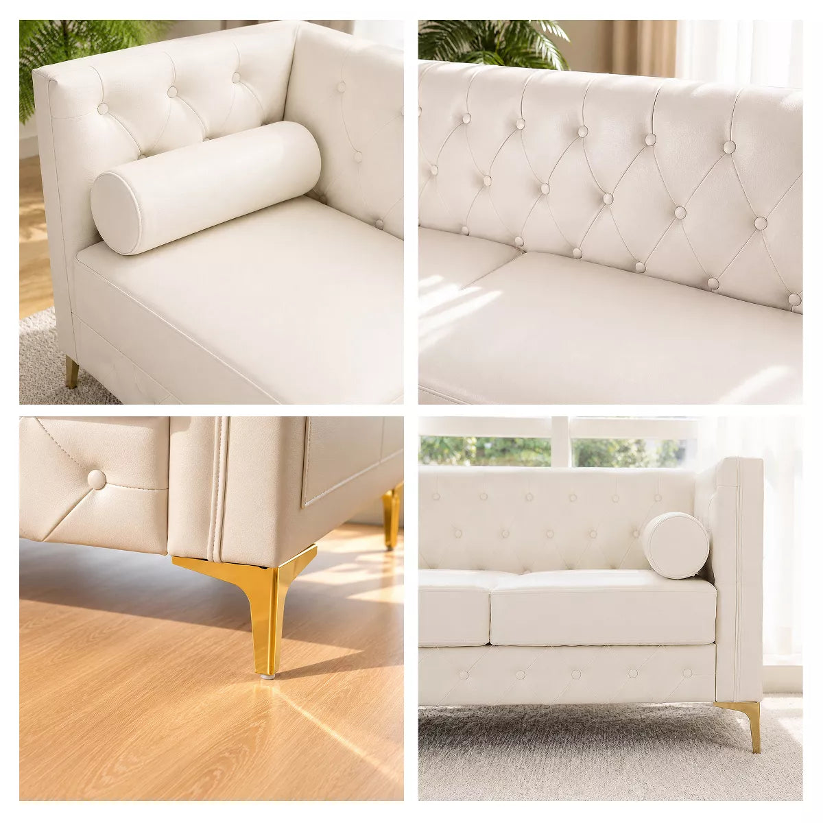 3 Seater Sofa with Faux Leather, Pocket Springs, Tufted Back & Storage