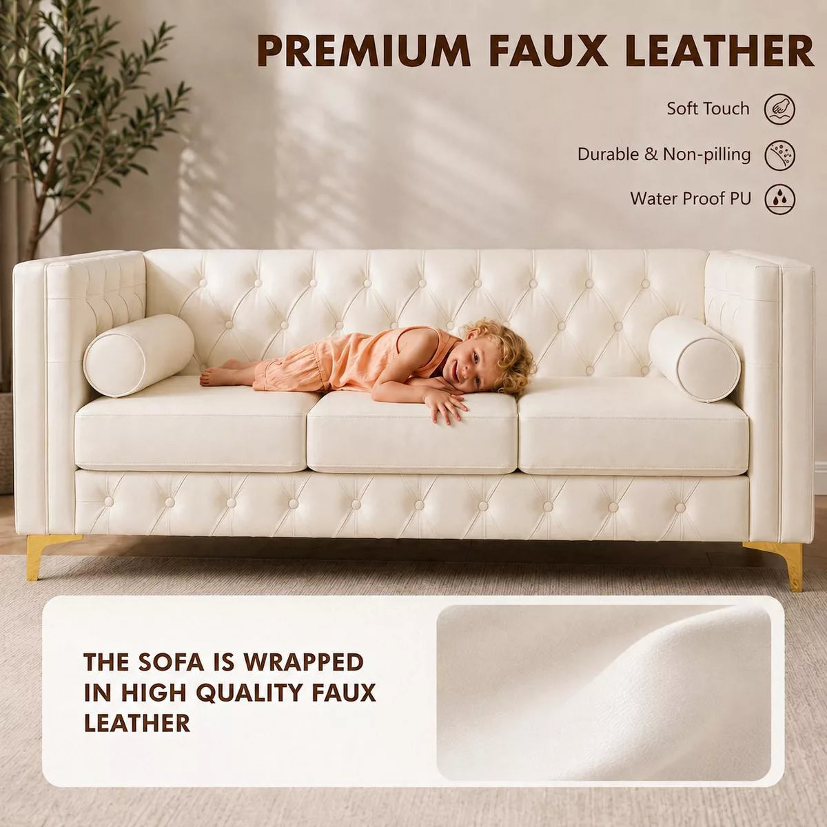 3 Seater Sofa with Faux Leather, Pocket Springs, Tufted Back & Storage